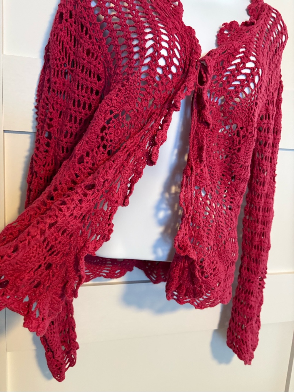 Openwork Crochet Tie-Front Cardigan in Raspberry - Picture 2 of 5
